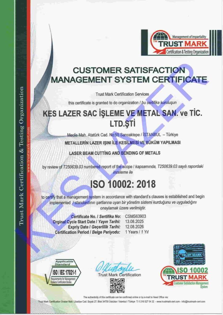 Kes Lazer ISO 10002 Sertifikası