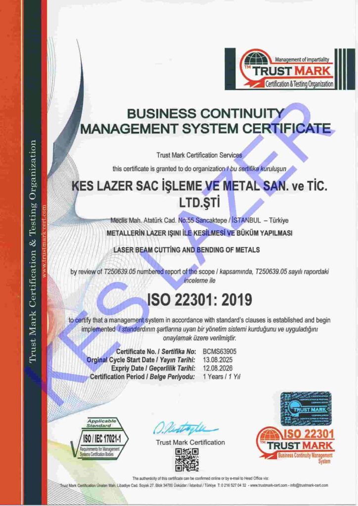 Kes Lazer ISO 22301 Sertifikası