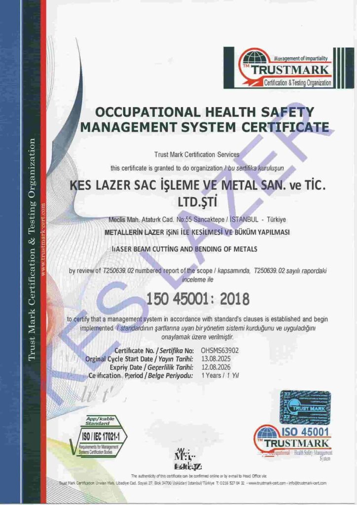Kes Lazer ISO45001 Sertifikası