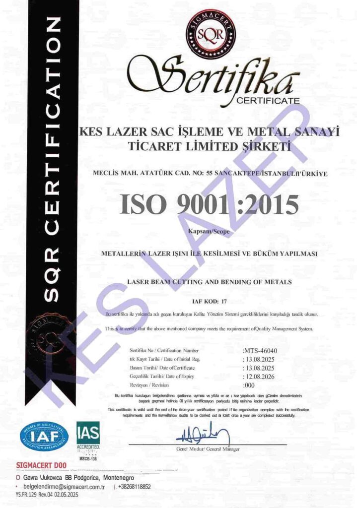 Kes Lazer ISO 9001 Sertifikası